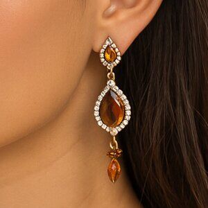 Amber Teardrop Crystal Earrings Gold Tone Rhinestone Dangle Statement Jewellery
